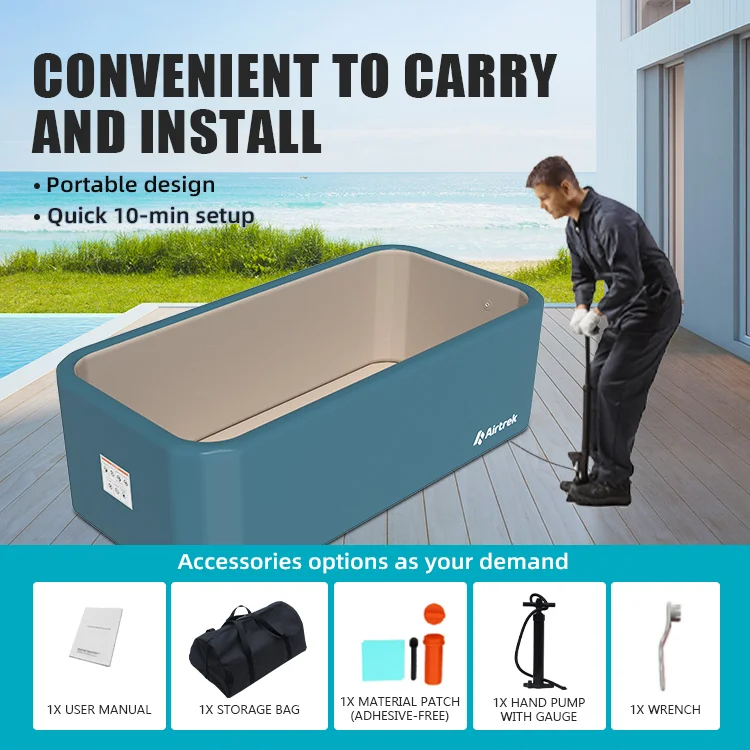 Person setting up a portable, foldable bathtub with a view of a beach. Includes accessories like storage bag, pump, and more.