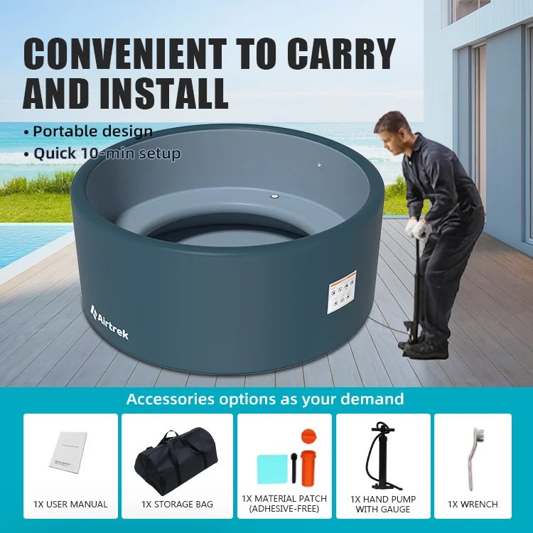 Inflatable hot tub with a person using a hand pump, highlighting portability and quick 10-minute setup. Includes accessories like user manual, storage bag, material patch, hand pump, and wrench.
