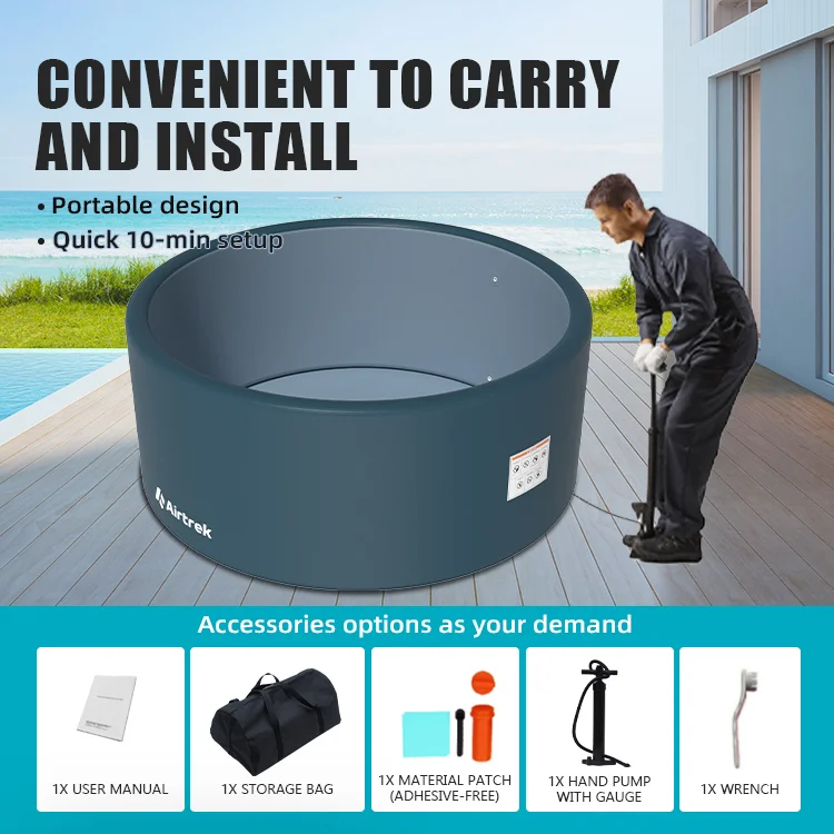 Portable swimming pool with a pump being set up on a deck by a person. Includes a user manual, storage bag, material patch, hand pump, and wrench.