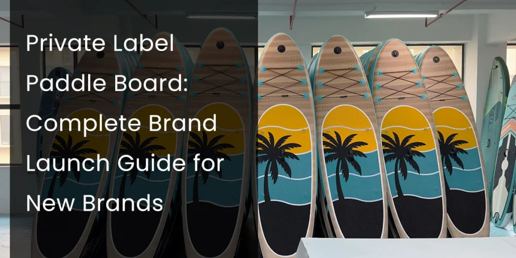Row of paddle boards with a sunset and palm tree design, featured in a brand launch guide.