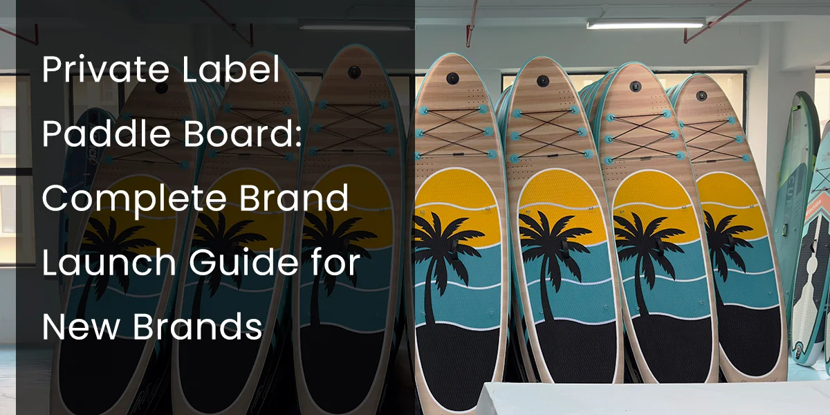 Row of paddle boards with a sunset and palm tree design, featured in a brand launch guide.