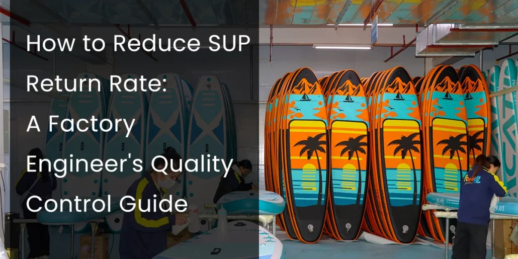 Paddleboards with vibrant sunset designs lined up in a factory with a worker inspecting one.
