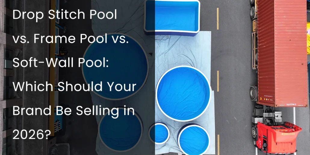 Types of pools including round and rectangular options, positioned on a road beside a red truck and shipping container.