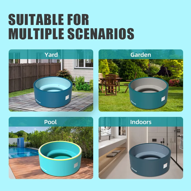 Portable pool displayed in different settings: yard, garden, poolside, and indoors, illustrating versatility.
