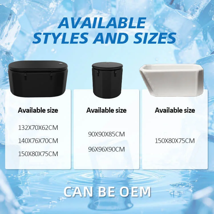 Three different bathtub styles with available sizes displayed against a blue water-themed background.