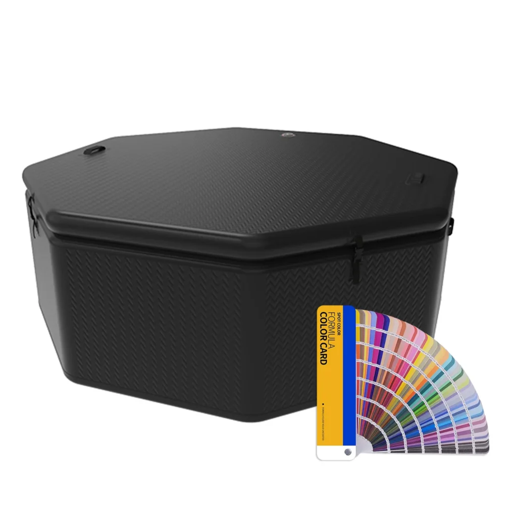 A black, hexagonal plastic container with a detailed surface pattern, accompanied by a fan of color swatches with multiple shades.