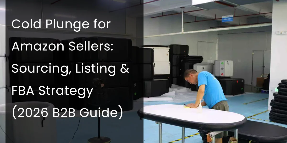 Person assembling cold plunge equipment in a warehouse surrounded by storage units, featuring text overlay about Amazon B2B guide for sellers.