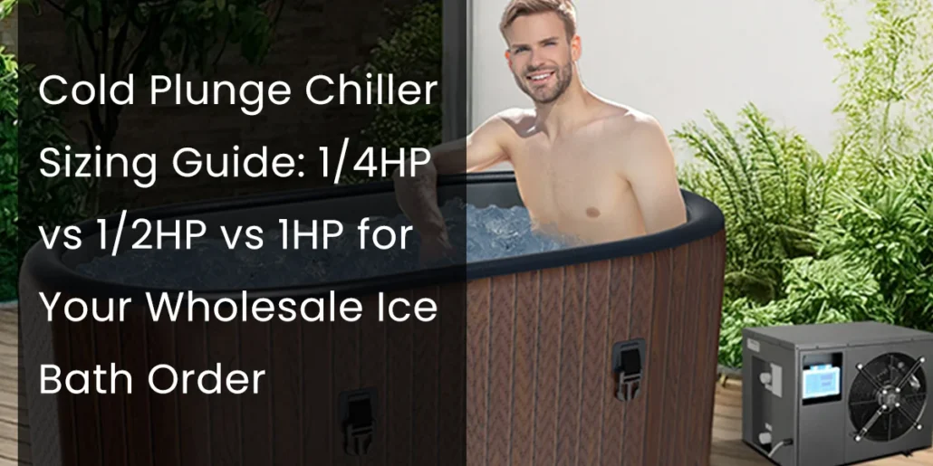 Man sitting in an outdoor cold plunge ice bath with a chiller unit beside it, surrounded by greenery.