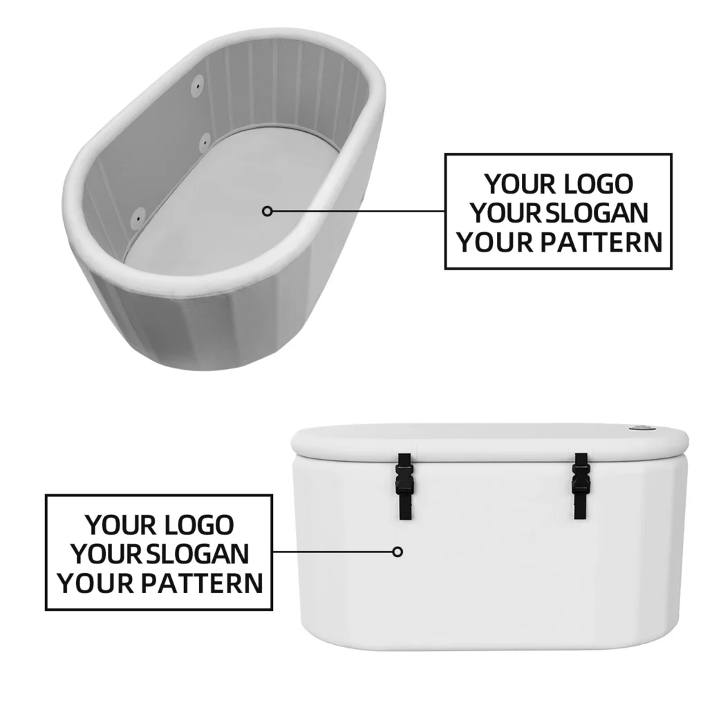 Two product designs including a tub and a container with spaces for custom logo, slogan, and pattern.