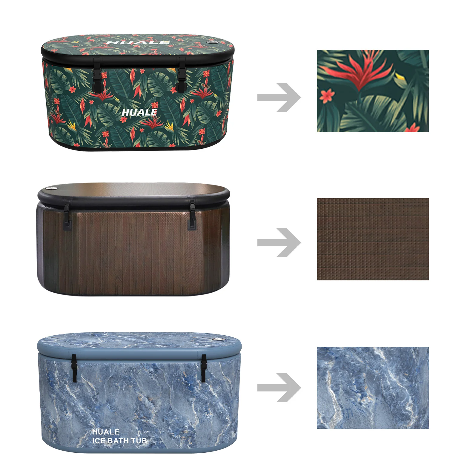 Three decorative bathtubs with different patterns: tropical print, wooden texture, and marble effect, each showing a close-up of their design.