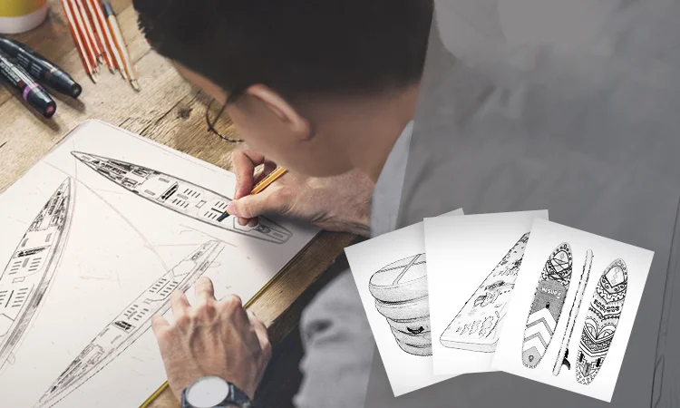 Designer working on a yacht blueprint at a desk, using pencils and markers, with design sketches nearby.