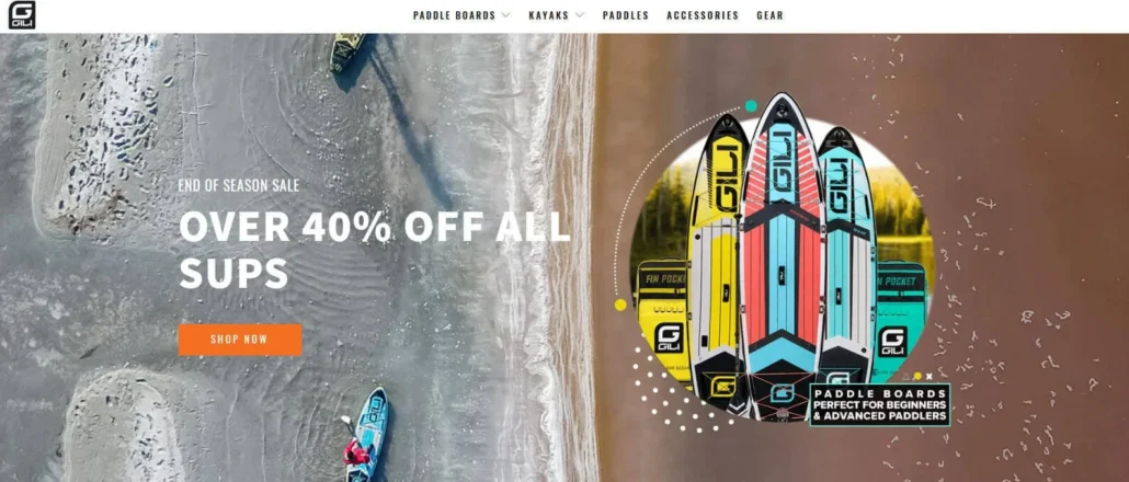 Aerial view of kayaks on beach with overlay text announcing over 40% off all SUPs as part of end of season sale.