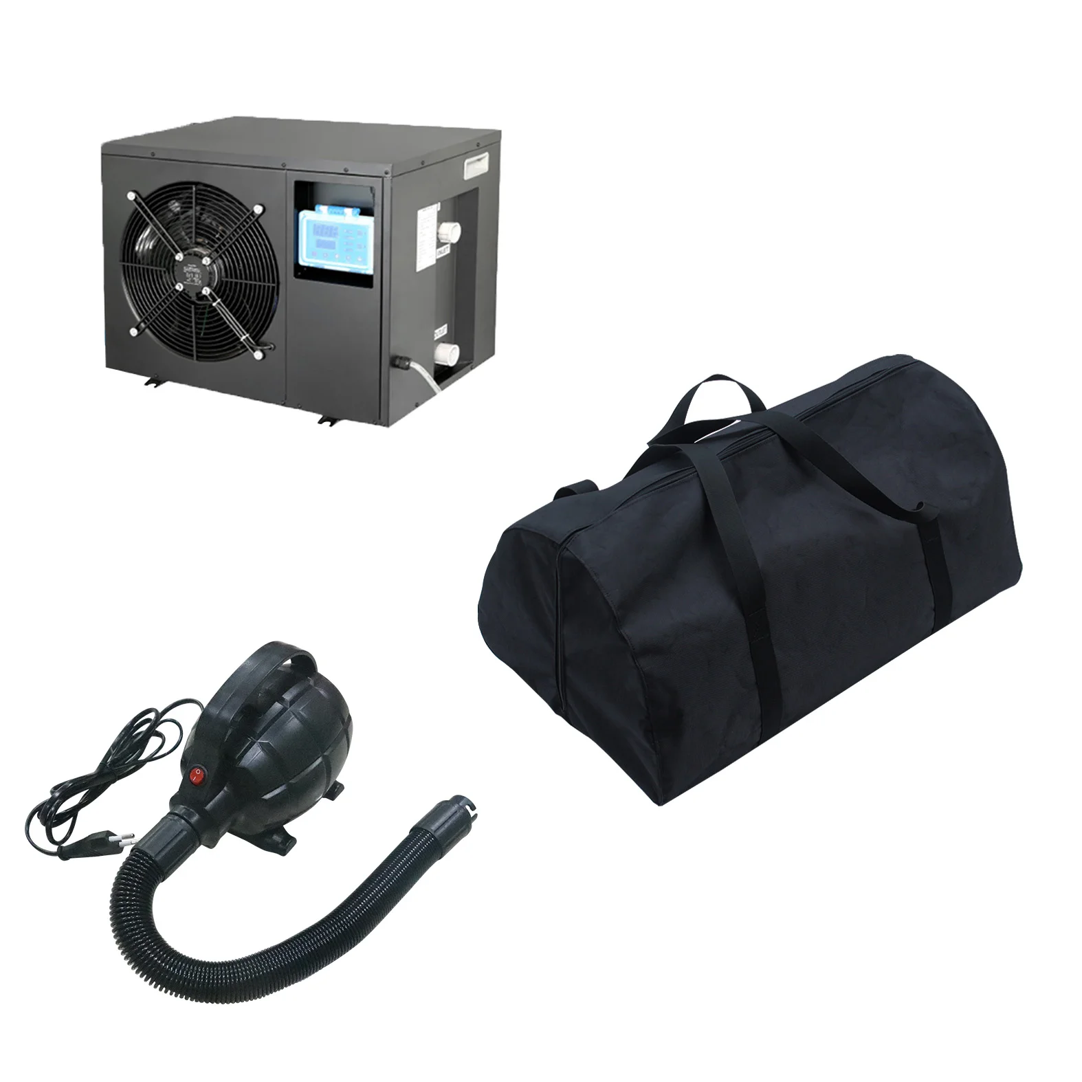 A compact compressor, cylindrical fan with a hose, and a large black duffel bag displayed together.
