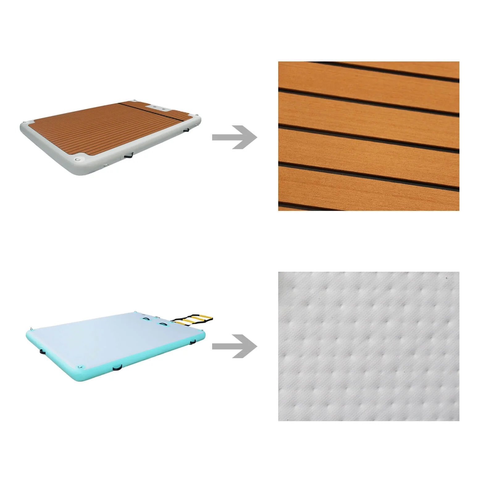 A comparison of two floating dock designs, one with a wood-textured surface and the other with a foam-cushioned surface.