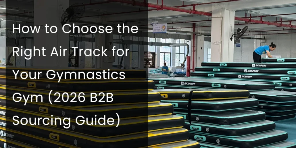 Stacked gymnastic air tracks in a manufacturing setting, with a worker inspecting products in the background.