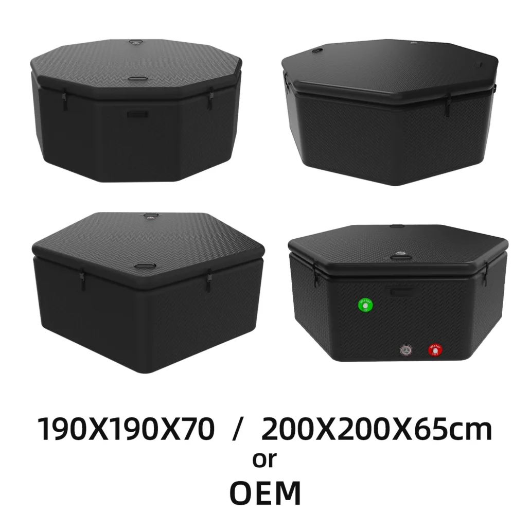 Hexagonal portable black bathtub with textured surface, shown from multiple angles. Two sizes and OEM options available.