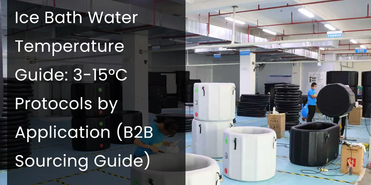 A factory workspace featuring white and black industrial ice bath tanks with staff working on assembly and equipment setup.