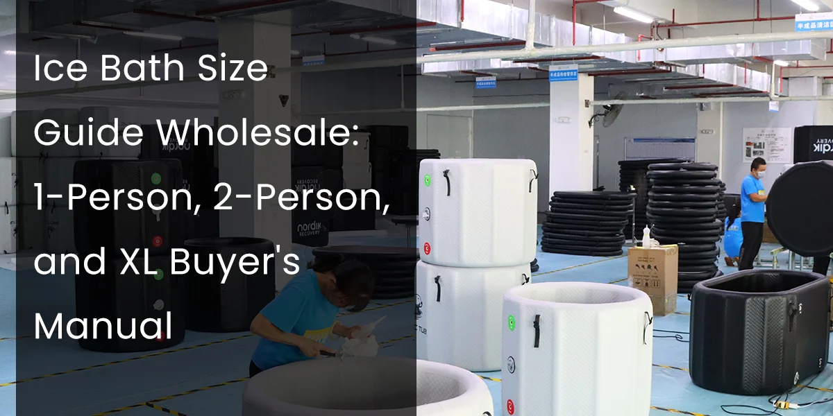 Factory setting with various sizes of ice baths inside. Workers are inspecting the ice baths, with stacks of other equipment visible.