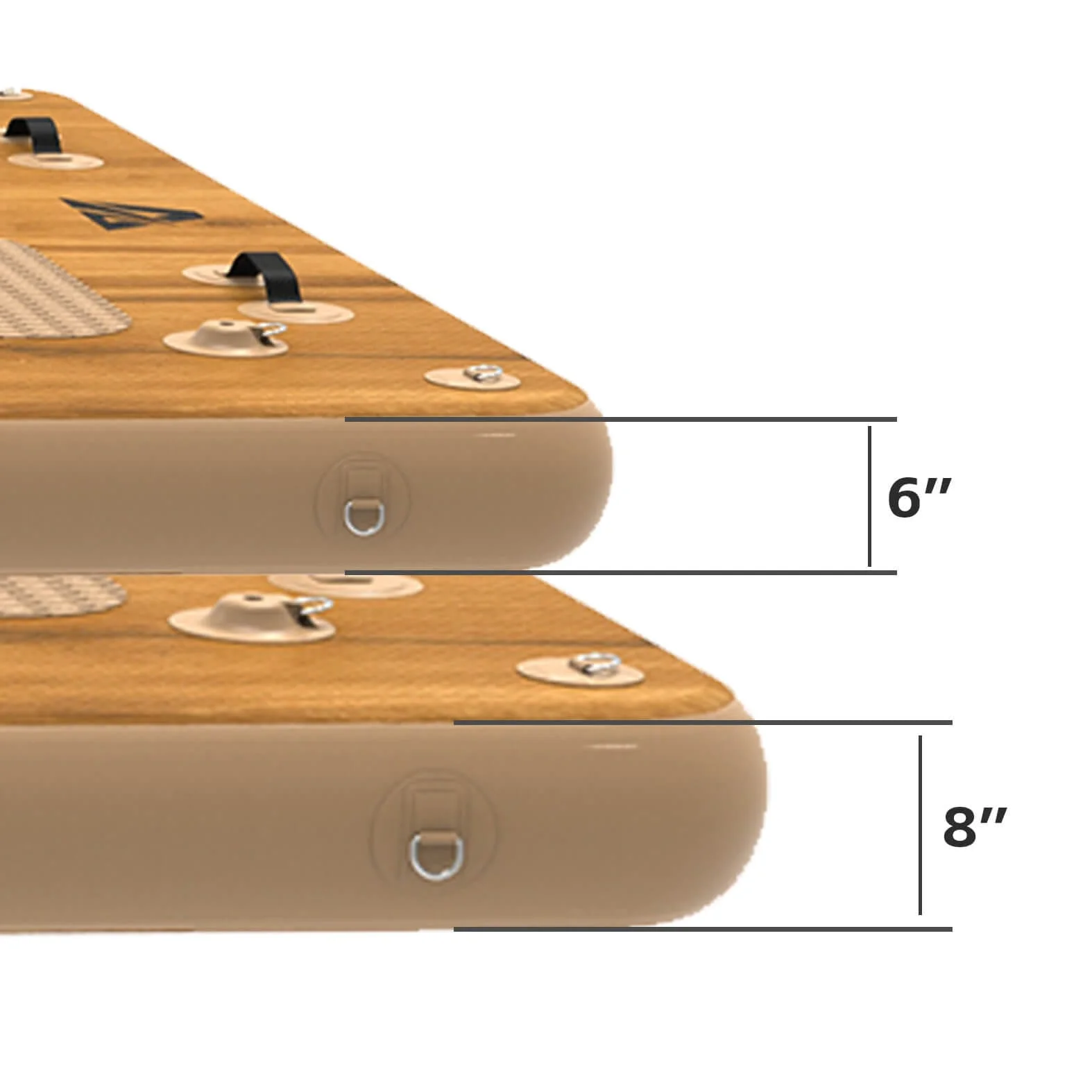 Comparison of two inflatable docks showing thickness of 6 inches and 8 inches, with wood-like surface and attachment points.