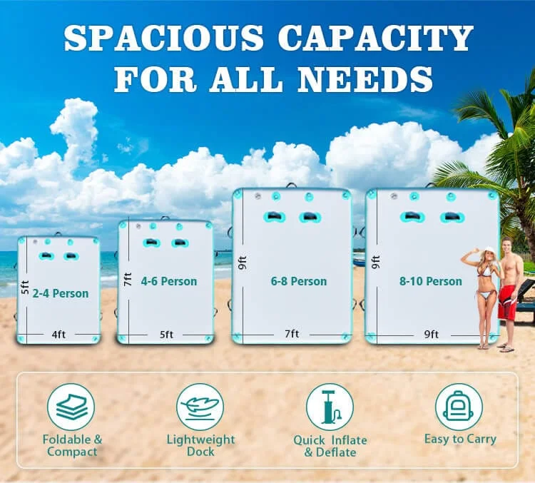 Four inflatable dock options of varying sizes for 2-10 people shown against a beach setting with palm trees, blue sky, and sand.