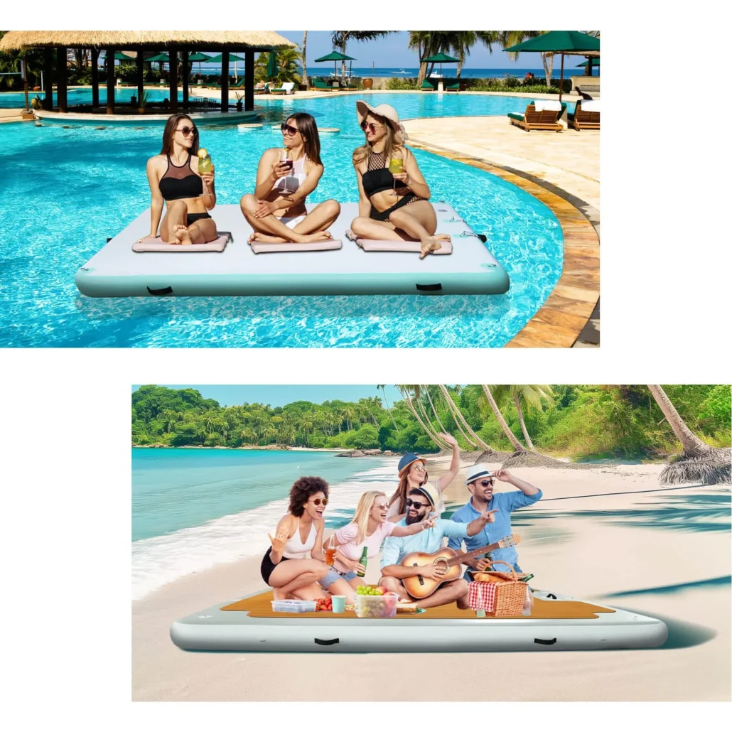 Two groups on inflatable floating mats, one in a pool and another on a beach, enjoying leisure time.