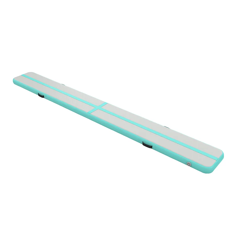 A long rectangular inflatable gymnastics air track mat with a white surface and light teal edges, designed for practicing tumbling or cheerleading.