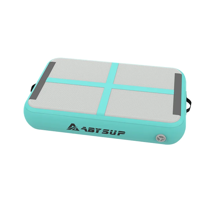 A rectangular turquoise and gray inflatable air track with handles and branding, suitable for tumbling or gymnastics training.