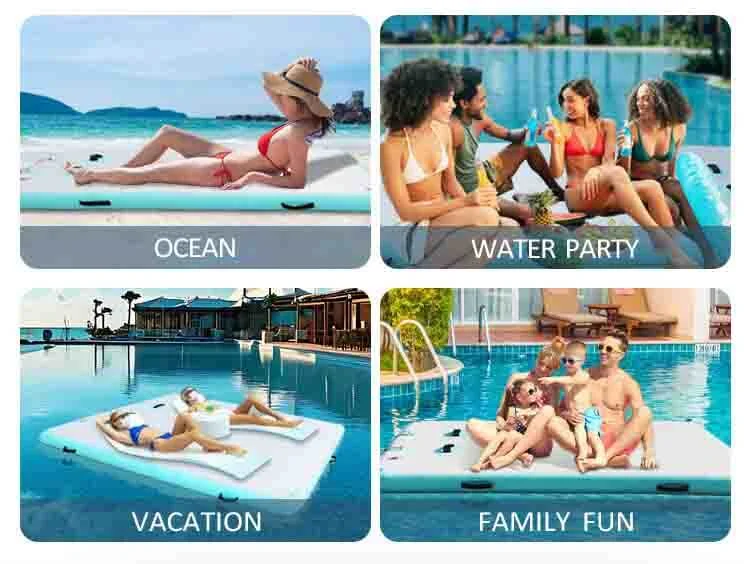 Collage of people enjoying an inflatable water platform at the beach, poolside water party, resort vacation, and family pool time.
