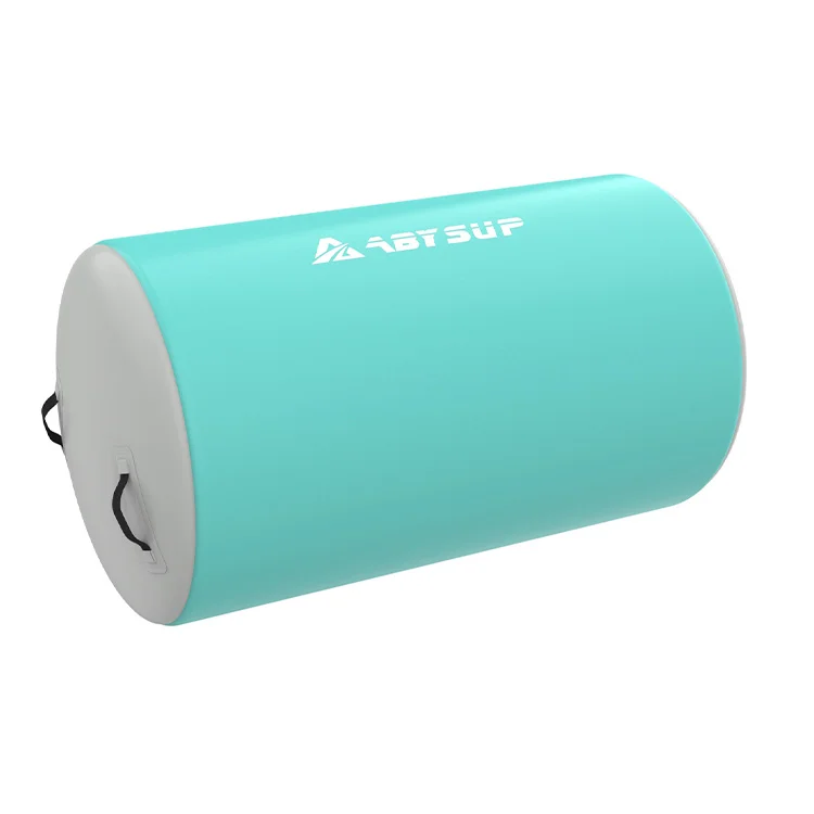 Turquoise inflatable gym roll with black side handles, used for fitness and balance training.