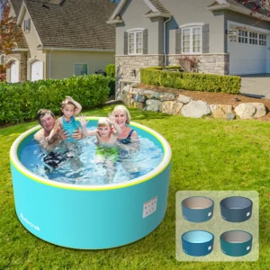 Four people playing in a blue inflatable pool set up in a house backyard; the pool is surrounded by grass. Display options for additional pool designs are shown in an inset.