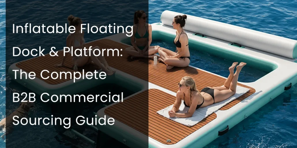 Personas relajándose en una plataforma flotante inflable sobre el agua, junto a un texto sobre una guía de abastecimiento comercial.