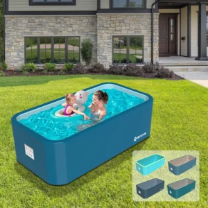 Two individuals playing in a blue inflatable rectangular pool set up in a grassy backyard, with house in the background.
