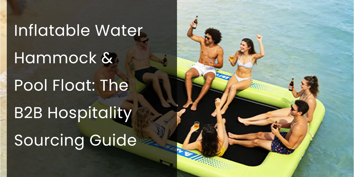 Group of people relaxing on a large inflatable water hammock and pool float, surrounded by water, holding drinks and socializing.