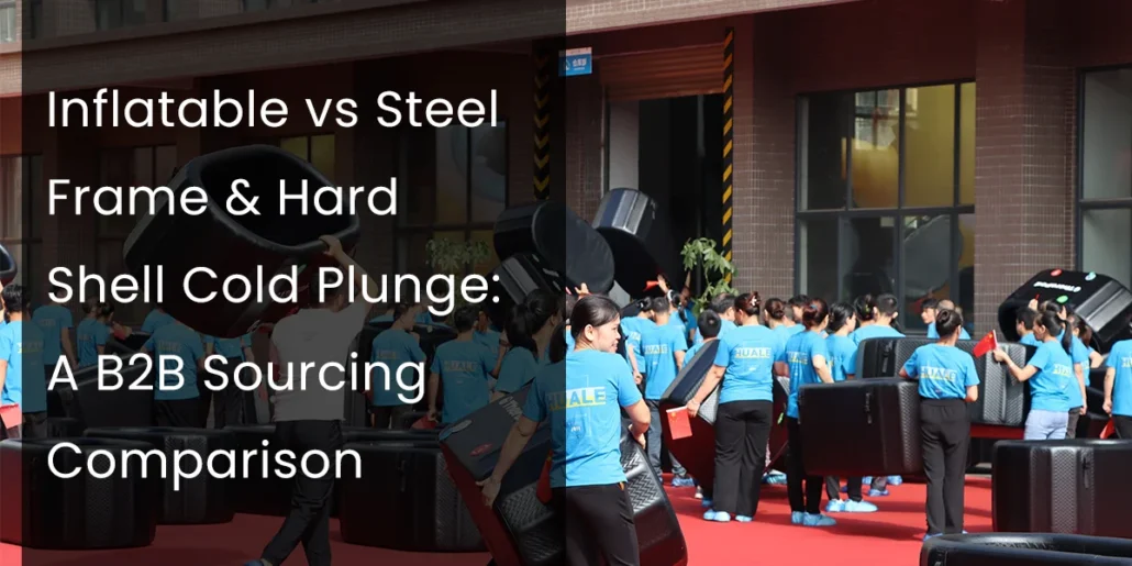 Group of people with blue shirts assembling or handling cold plunge equipment outdoors near industrial buildings.