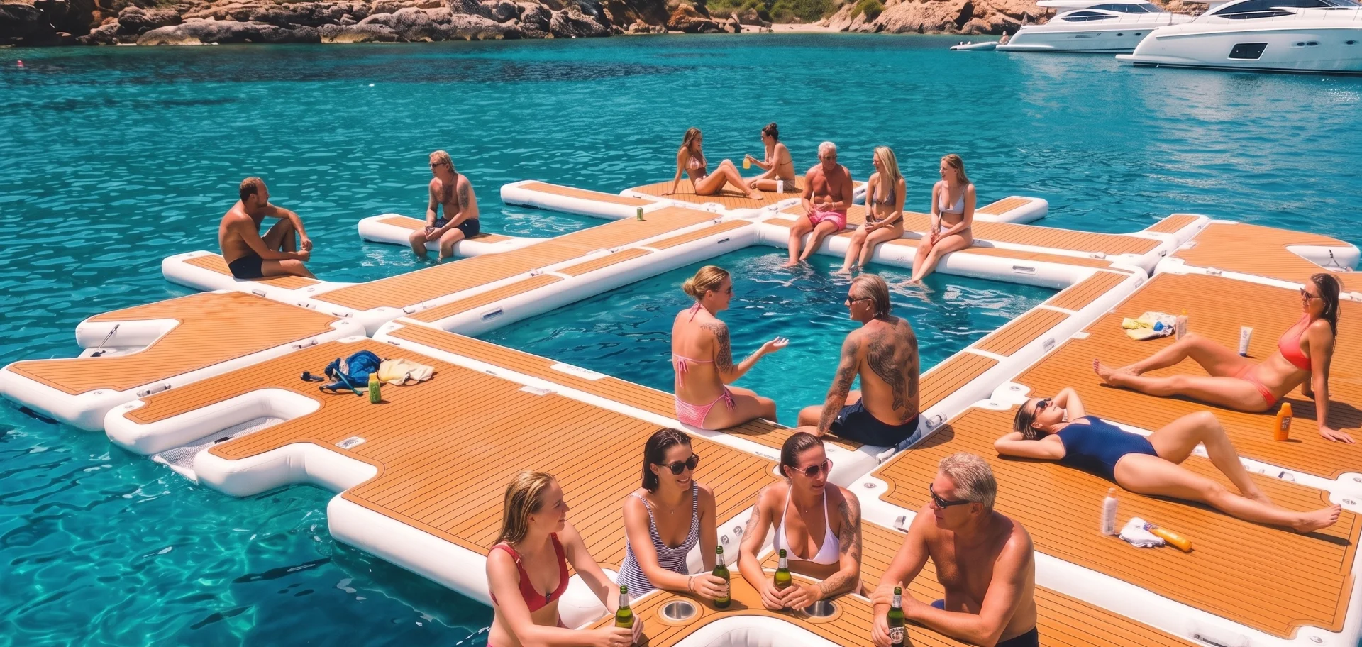 Inflatable floating swim platform with people in summer