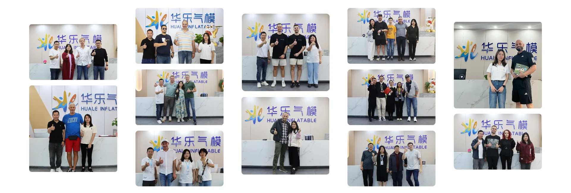 Collage of various groups of people posing at the Huale Inflatable reception area, smiling and giving thumbs-up gestures.