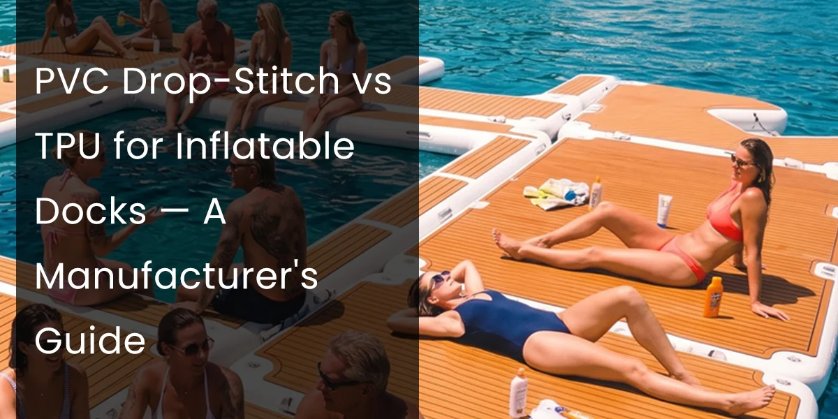 People relaxing on modular inflatable docks next to a water body, showcasing PVC and TPU dock materials.