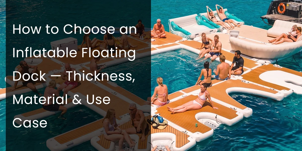 Group of people relaxing and socializing on an inflatable floating dock over clear blue water with lounge chairs and sunbathing areas.