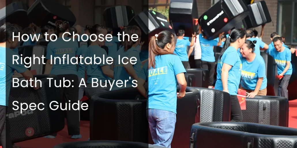 Group of people in blue shirts assembling inflatable ice bath tubs outdoors, focusing on product preparation and selection.
