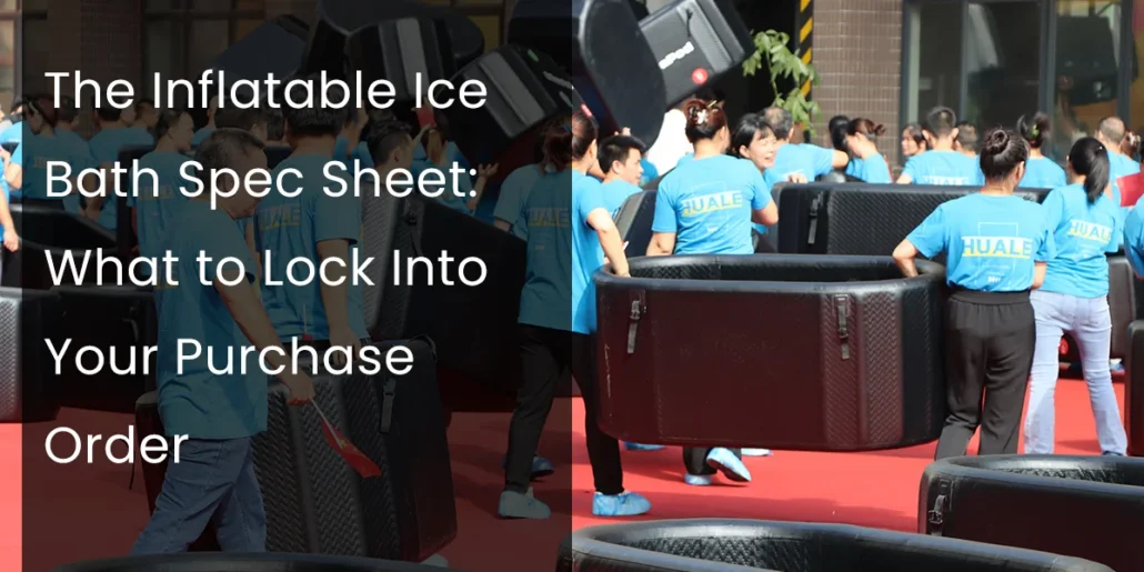 Group of people in blue shirts setting up and inspecting black inflatable ice baths outdoors on a red carpet.