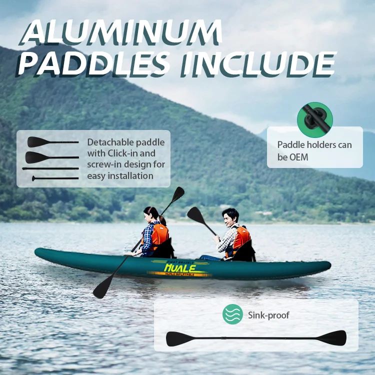 Two kayakers using aluminum paddles on a calm lake, with text overlay highlighting features like detachable design, OEM options, and sink-proof quality.