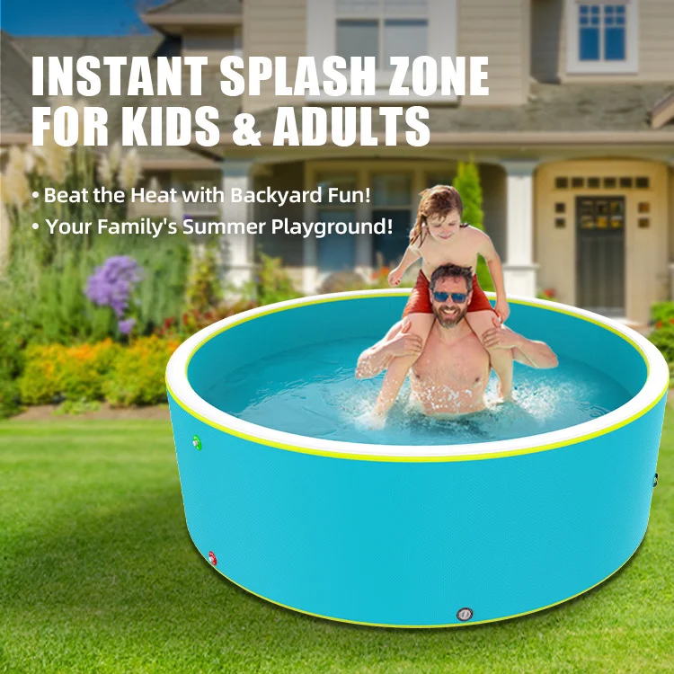 A father and child playing in a blue inflatable pool in a backyard. The text promotes the pool as a summer activity for families.