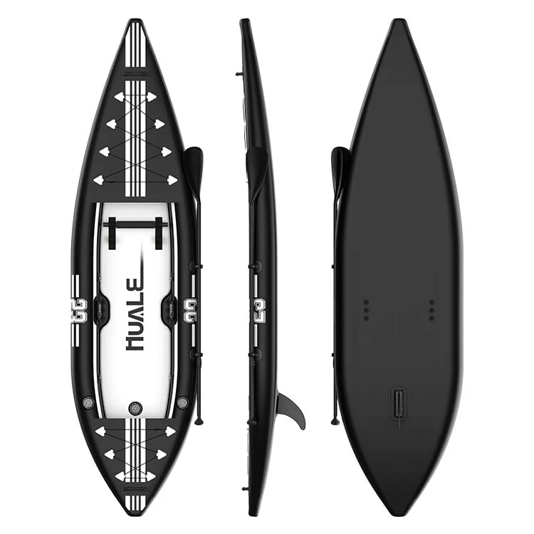 Black-colored inflatable fishing kayak shown in top, side, and bottom views, featuring detailing and accessory fittings.