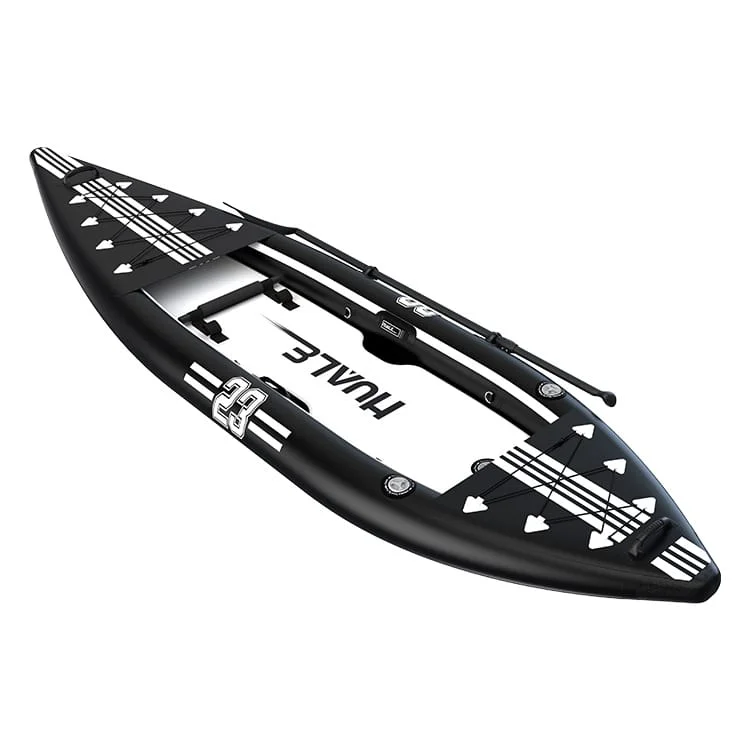 Black inflatable paddleboard featuring a sleek design with white arrow patterns and accessories, ideal for water activities.