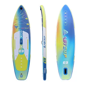 A colorful inflatable paddleboard shown from top, side, and bottom perspectives with vivid blue and yellow gradient design.