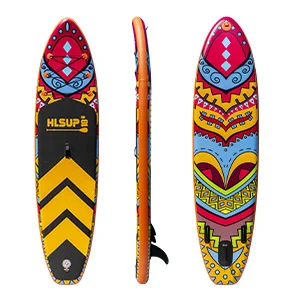 Three views of a colorful inflatable paddleboard featuring tribal-inspired geometric patterns in red, yellow, and blue.