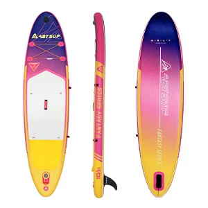 Brightly colored inflatable paddleboard with gradient shades of yellow, pink, and purple, featuring a deck pad and fins.