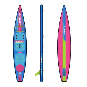 A vibrant paddleboard displayed in front, side, and back views with a blue, pink, and green color scheme.