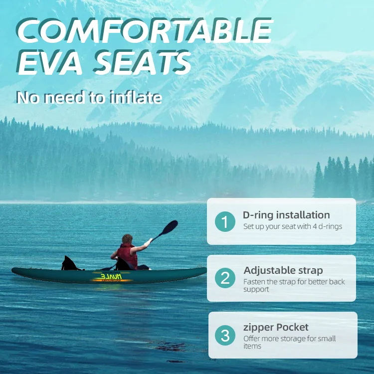 A person kayaking on a lake with a focus on comfortable EVA seats features, including D-ring installation, adjustable strap, and zipper pocket.