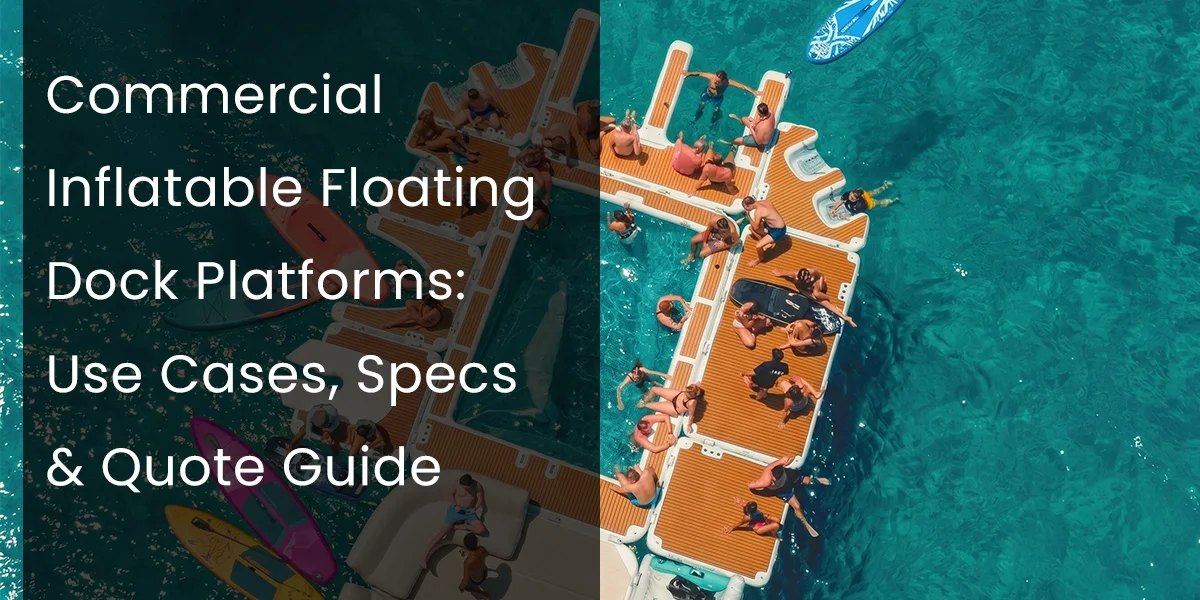 A group of people enjoying a sunny day on connected inflatable floating dock platforms surrounded by clear turquoise water.